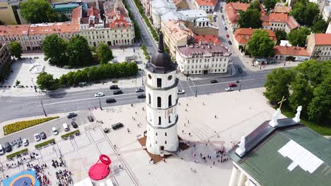 iconic bell tower of vilnius cathedral, aerial ascend view