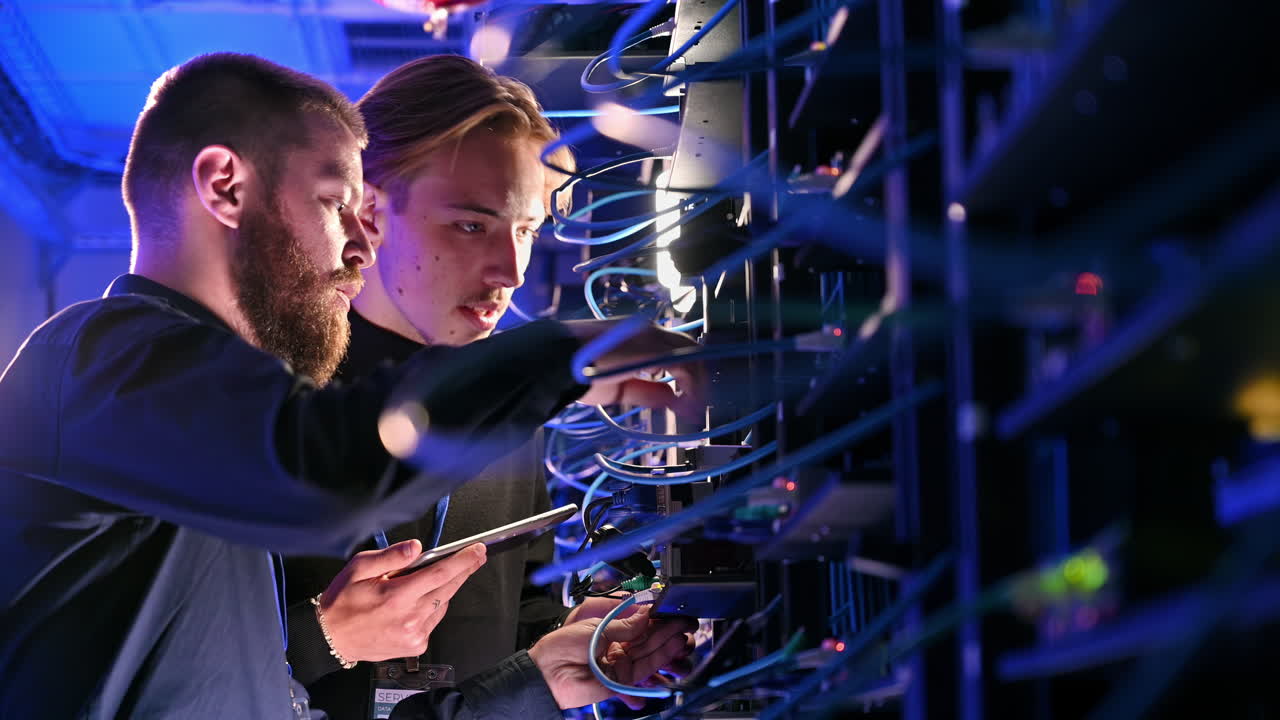 Two men analysing servers in a data centre