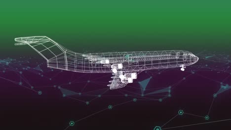 Animation-of-3d-airplane-technical-drawing-over-network-of-connections-over-green-background