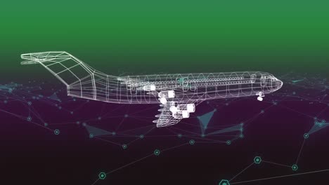 animación de un dibujo técnico de avión en 3d sobre una red de conexiones sobre fondo verde