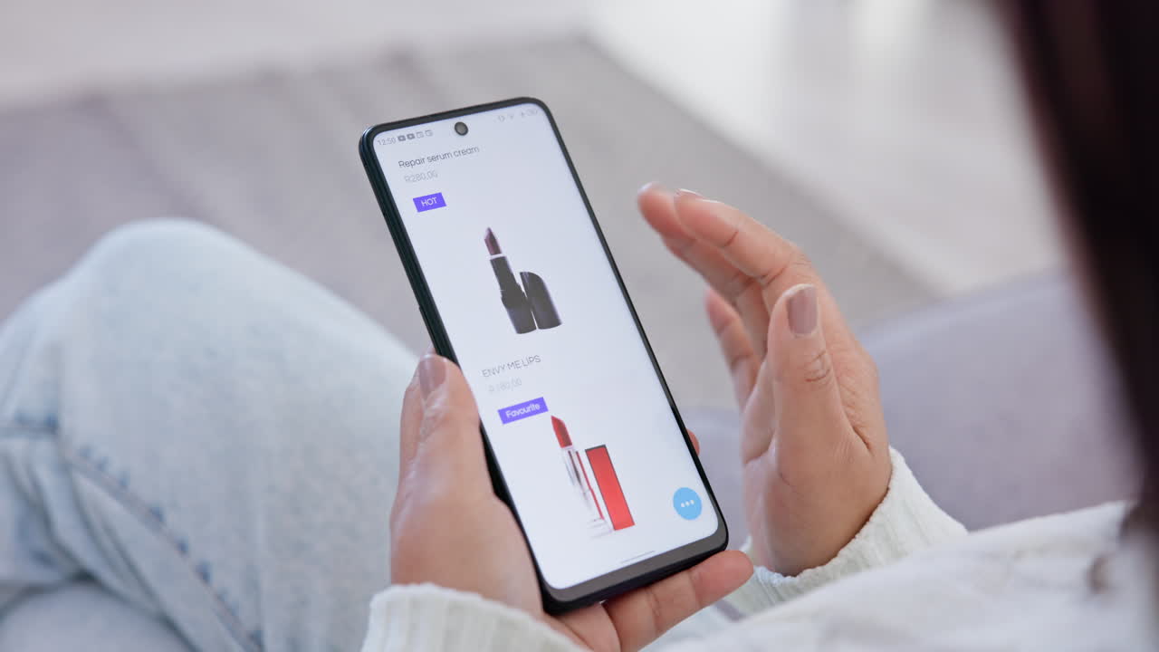 메이크업, 전화 스크롤 및 온라인 쇼핑