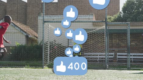 Animation-of-social-media-icons,-text-and-data-processing-over-diverse-football-players