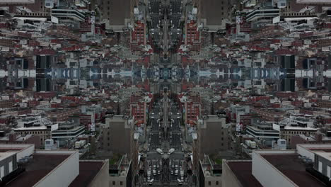 Forwards-fly-above-buildings-in-urban-borough-in-metropolis,-symmetrical-footage.-Abstract-computer-effect-digital-composed-footage