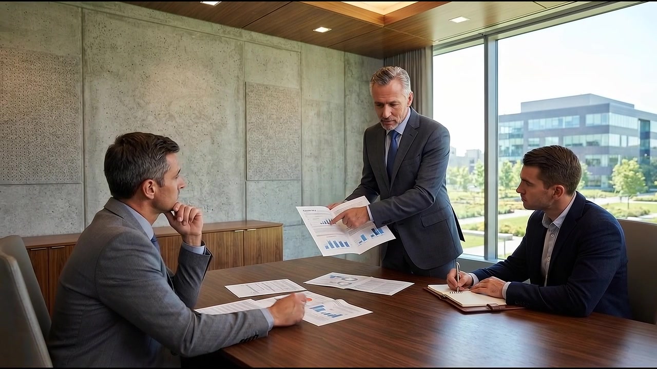 Dirigente uomo che lavora fino a tardi in un ufficio moderno