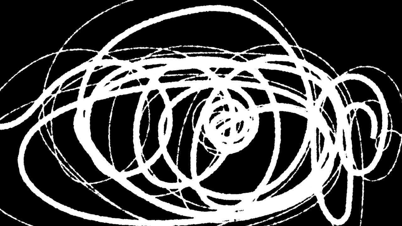 Animation black hand drawn tangle with scrawl, scribble on white. Doodle thread drawing chaotic abstract background. Self drawing animation of line. Alpha channel. Video 4k for dynamic web design