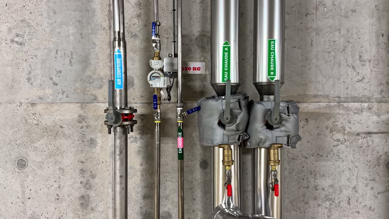 Primo piano di contatori industriali e indicatori di controllo montati su una parete di cemento.