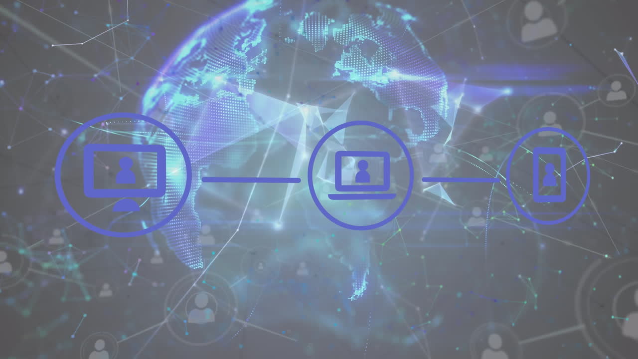 animación de la red de conexiones con iconos y globo sobre fondo negro