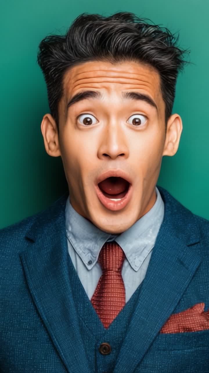 A Dramatic Transition: Capturing the Excitement of Surprise and Joy Through the Expressive Facial Expressions of a Suited Young Man