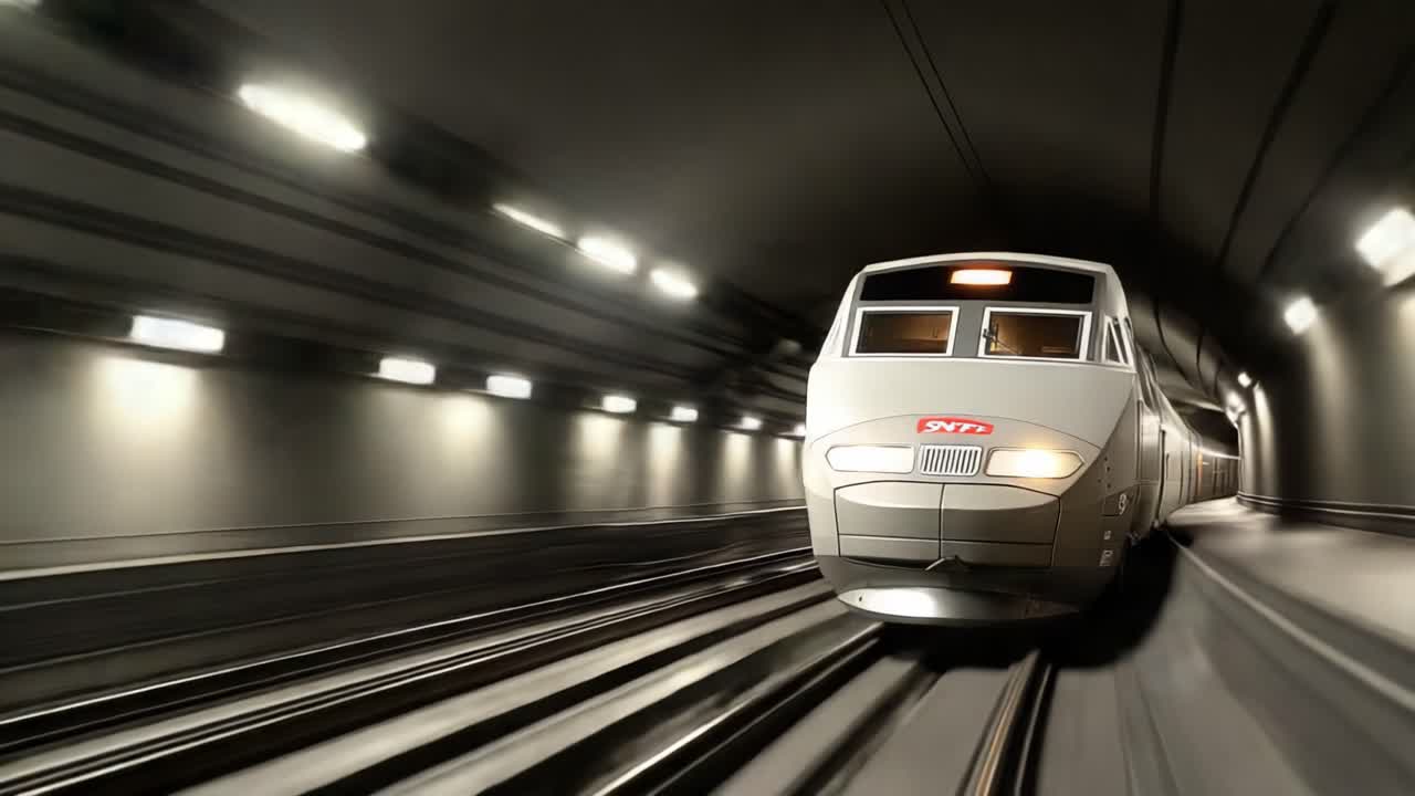 Um Trem de Alta Velocidade Navegando por um Túnel Mal Iluminado, Capturando a Essência do Transporte Moderno e da Engenharia em Movimento