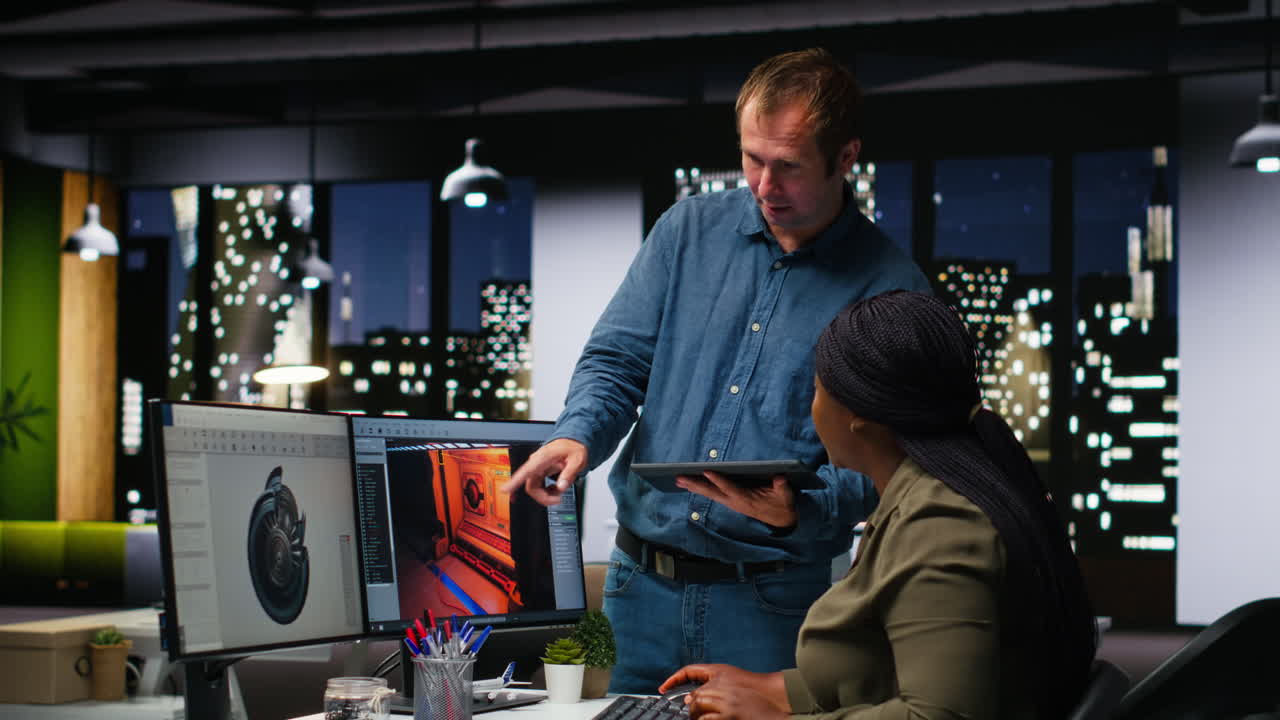 Team of skilled engineers creating Mars based virtual station using turbine