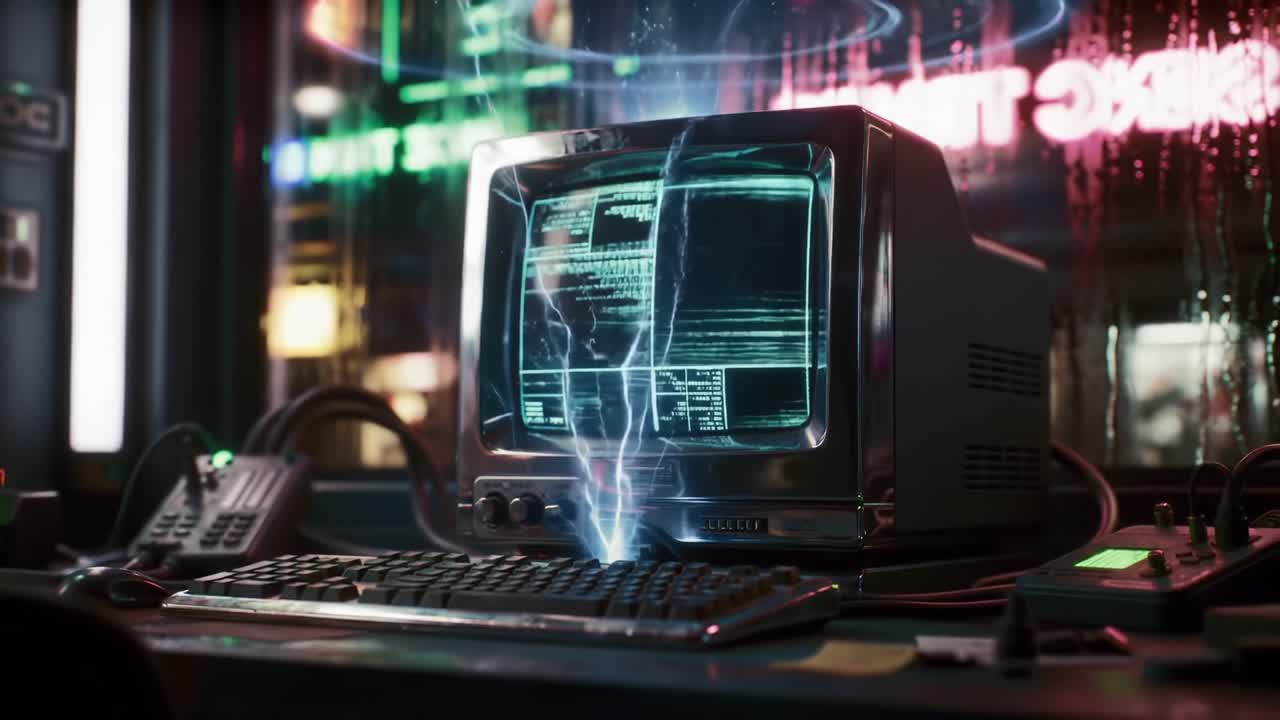 A captivating journey into a retro-futuristic world as a vintage computer sparks to life, unleashing a mesmerizing visual display of technology and energy