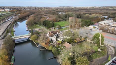 rye house pub on river lee hoddesdon hertfordshire aerial drone view