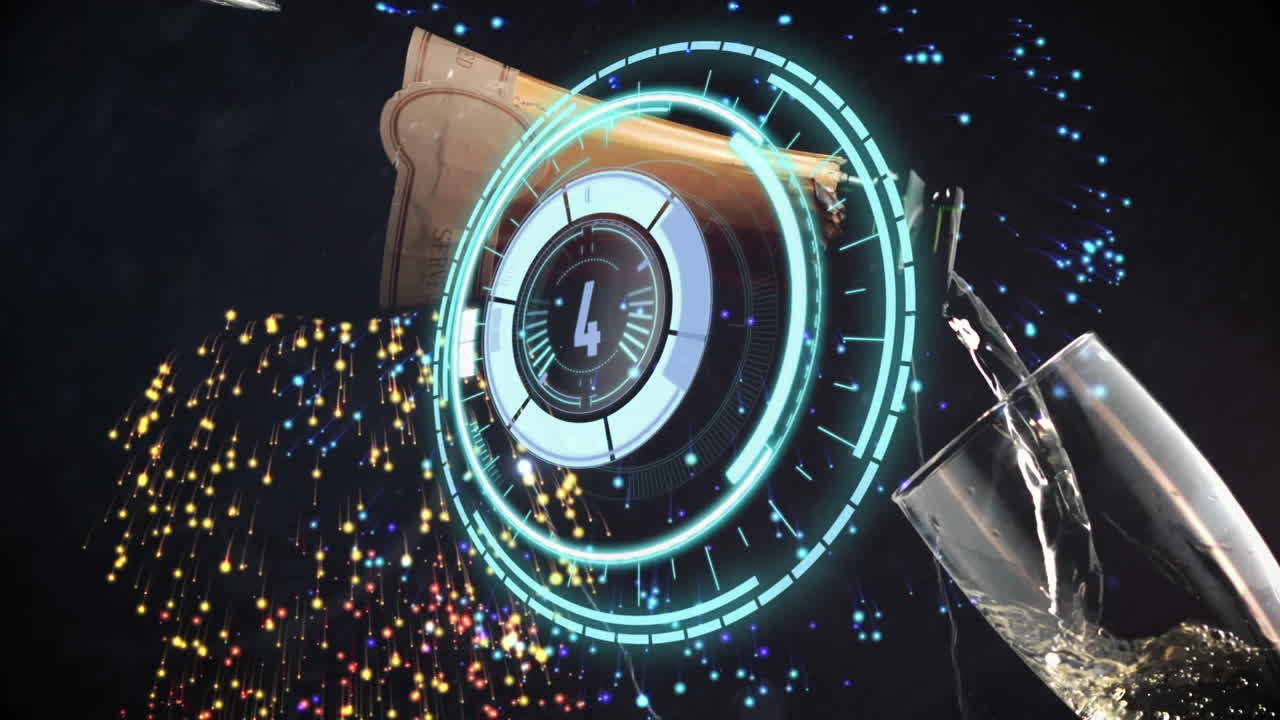 animación de fuegos artificiales y escaneo de alcance sobre champán vertiendo en vidrio sobre fondo negro