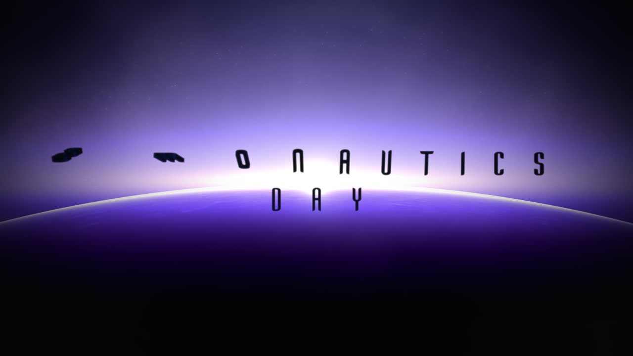 Cosmonautics Day with purple light and planet in dark galaxy