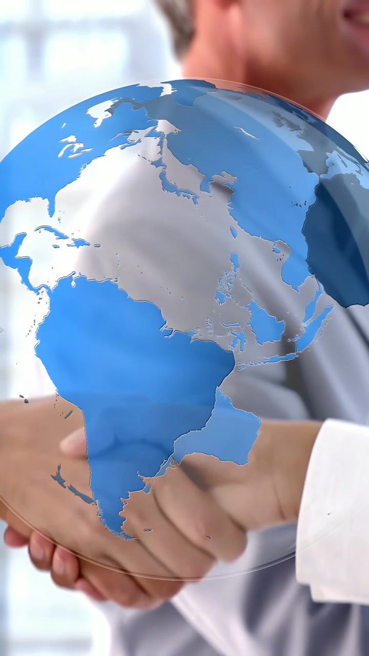 Video vertical: Ejecutivos de negocios dándose la mano, con una superposición de globo giratorio que comienza a girar, sellando el trato.