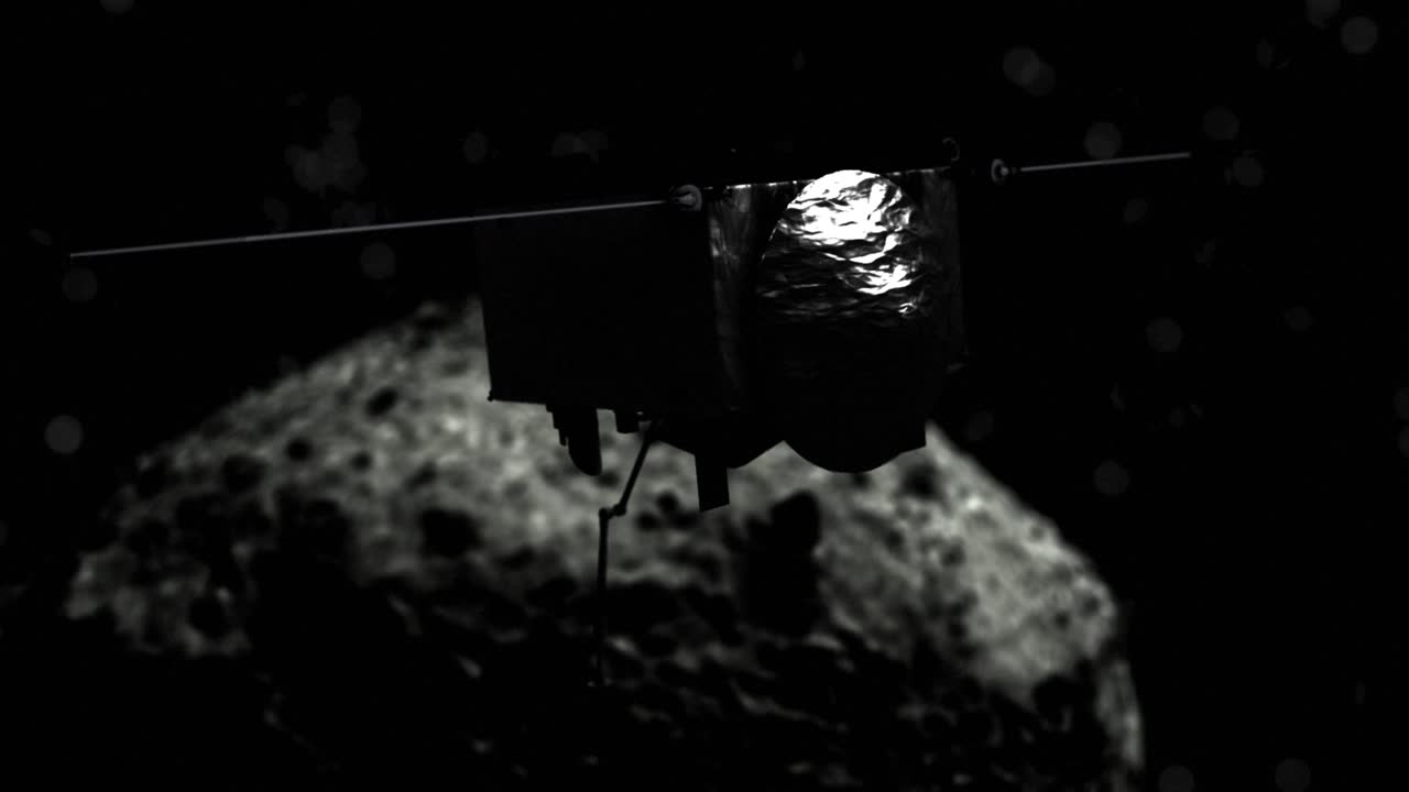 высокое качество и драматический рендер космического зонда osiris-rex, приближающегося к земле астероид 101955 bennu, с ошеломляющей глубиной поля