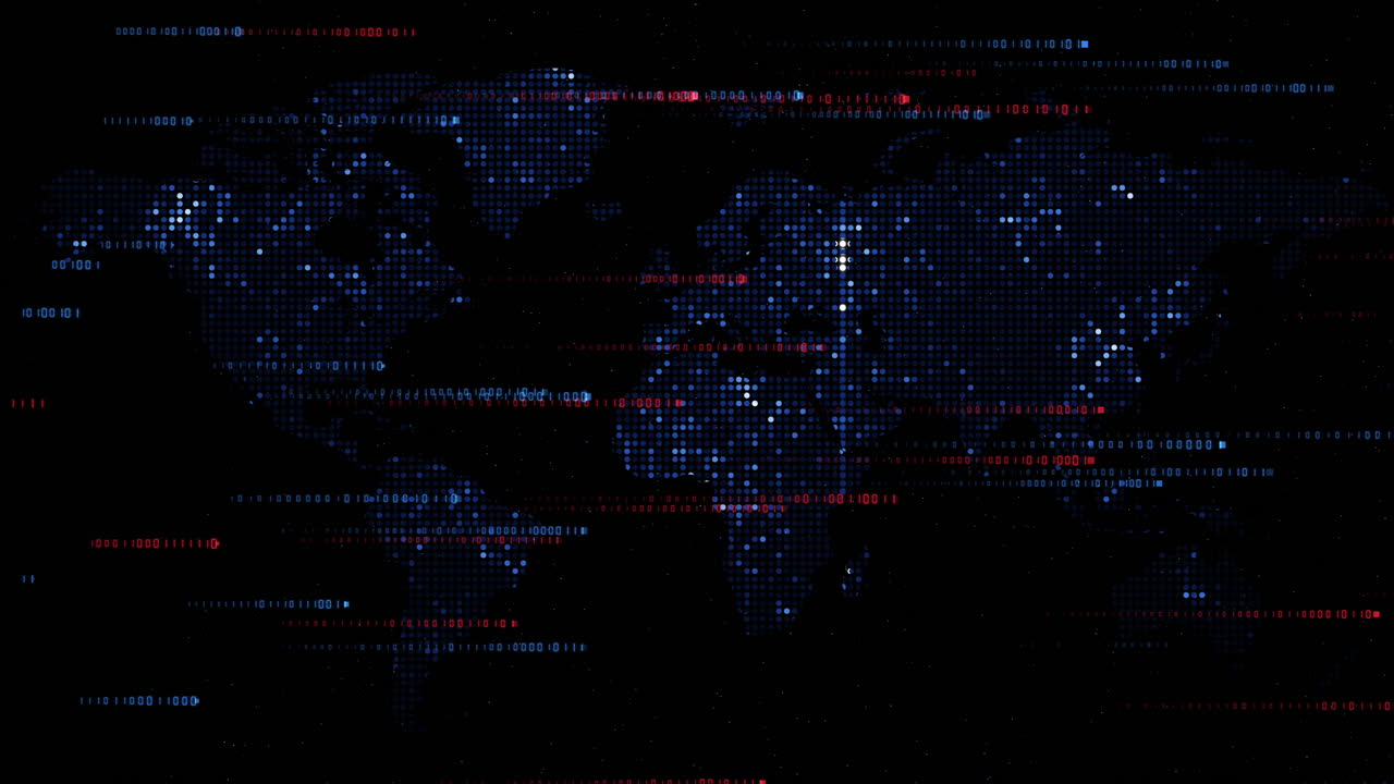 World map technology style digital world with electronic systems. Red and blue shiny lines from binary code. Loop animation.