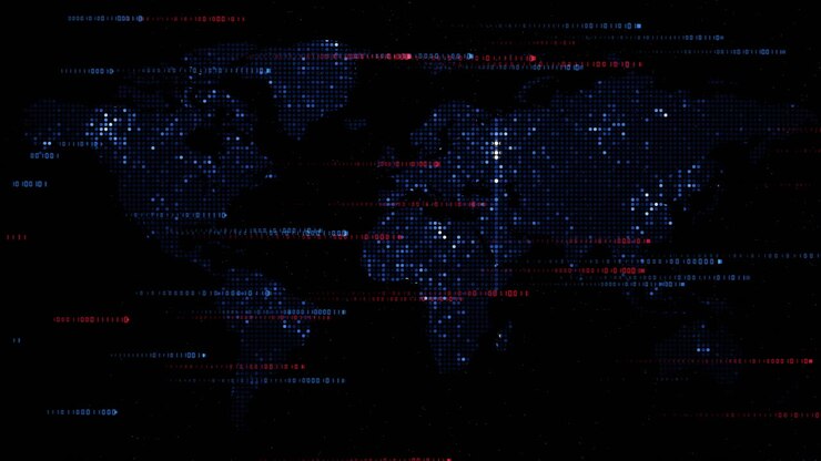 World map technology style digital world with electronic systems. Red and blue shiny lines from binary code. Loop animation.