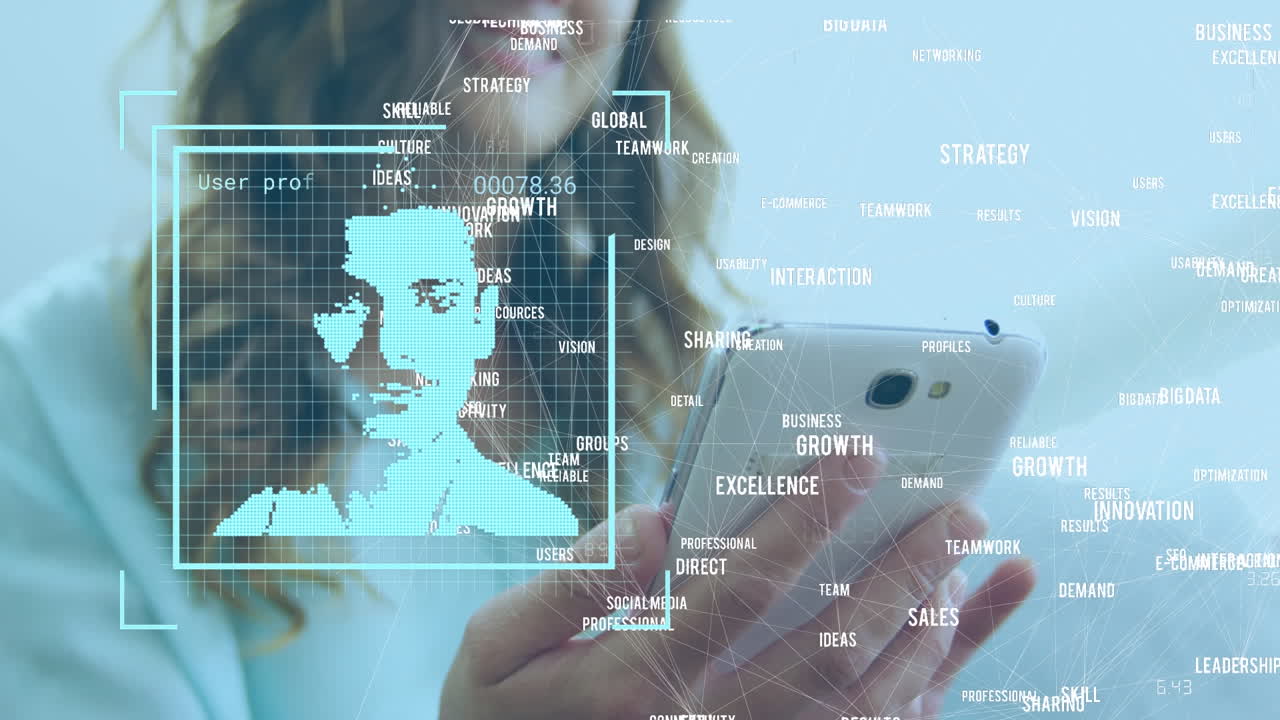 animación de personas iconos sobre mujer caucásica usando teléfono inteligente