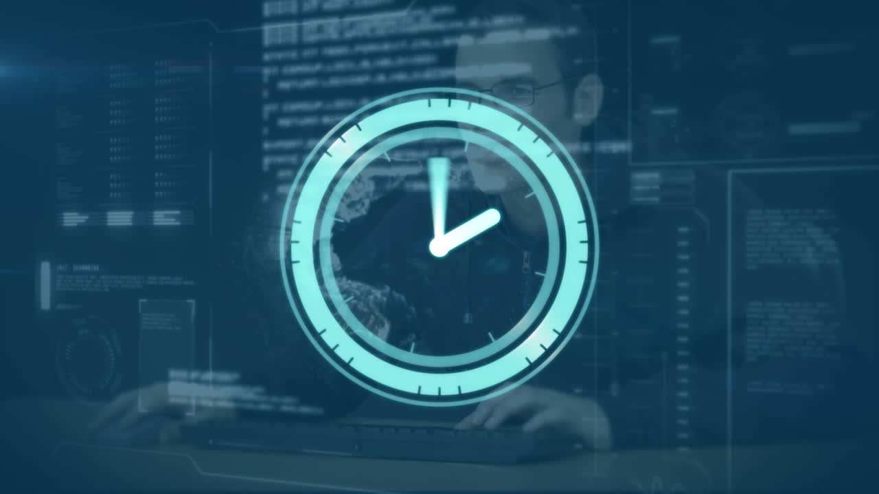 Animation of clock moving fast over computer servers