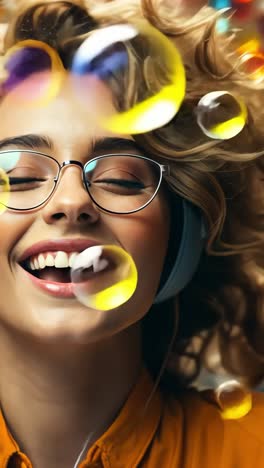 young woman enjoying music while surrounded by colorful bubbles
