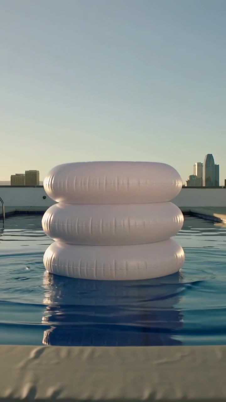 Vertical video: Splashing water nudging three white rings settling in rooftop pool, showing skyline