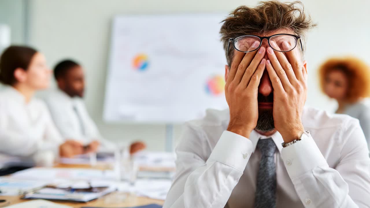 Frustrated Businessman Exhibits Stress and Overwhelm in a Professional Setting as He Covers His Face with Both Hands, Reflecting the Challenges of Workplace Pressures and Responsibilities