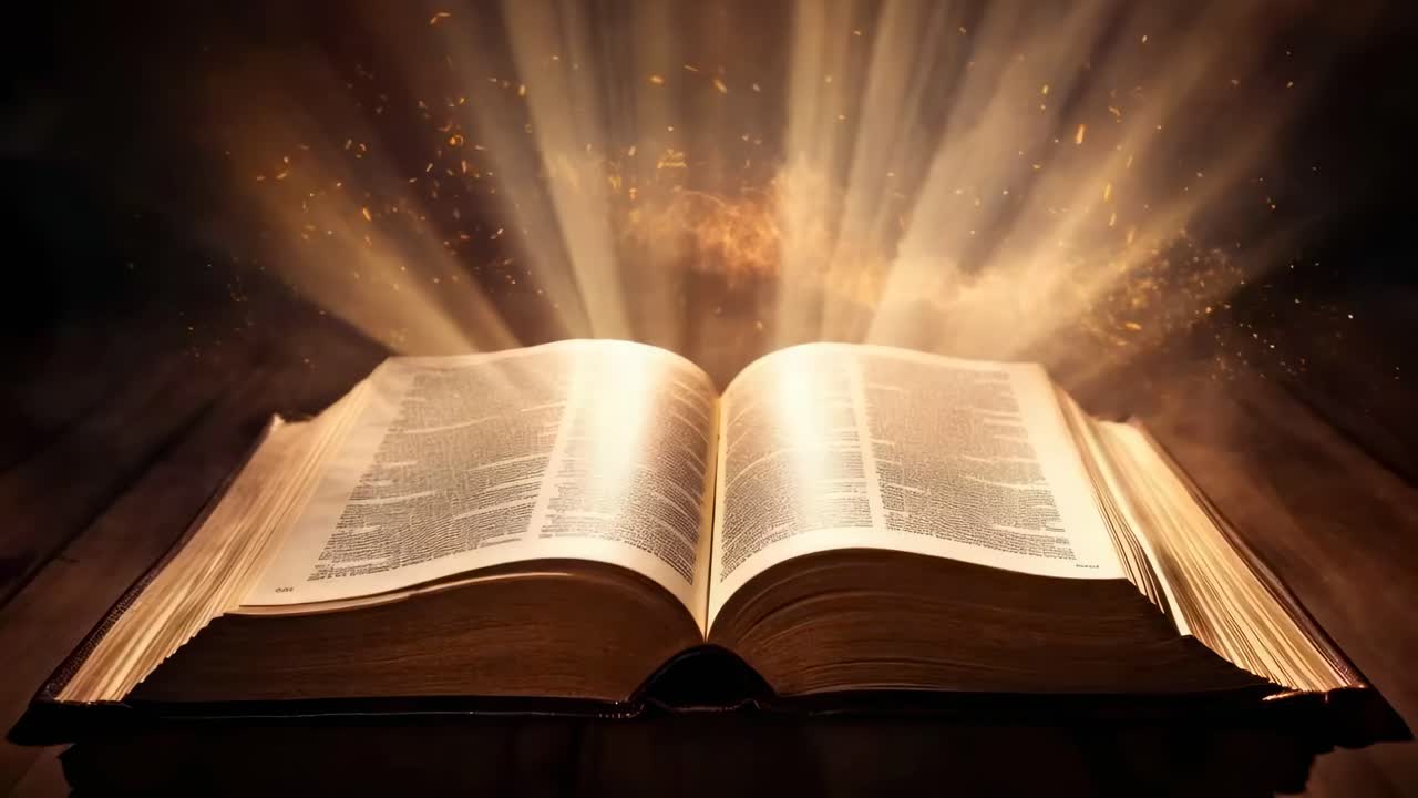 Ein leuchtendes, offenes Buch strahlt helles Licht aus, aufgenommen aus einer tiefen Winkel-Aufnahme, wodurch eine mystische Stimmung entsteht