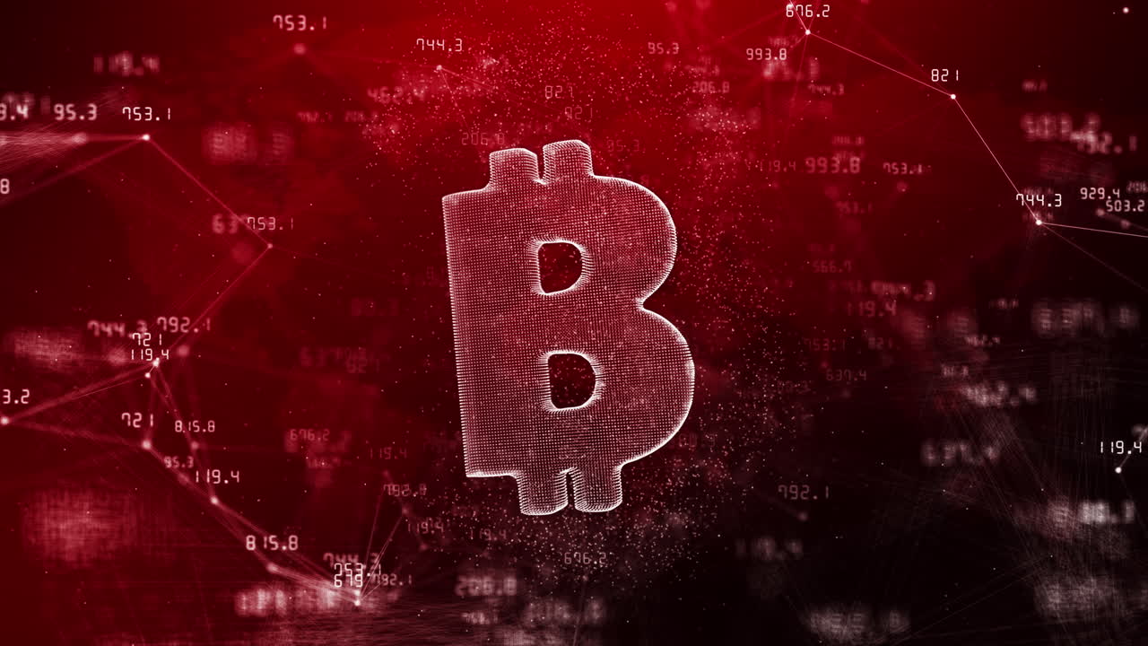 Bitcoin cryptocurrency symbol on red background with changing financial indicators. Lines and dots with moving numbers. Abstract looped animation.