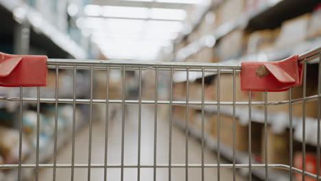 metal cart glides down brightly lit supermarket aisle, red plastic corners framing wire grid foreground while distant shoppers blur past stocked shelves, conveying dynamic consumer motion
