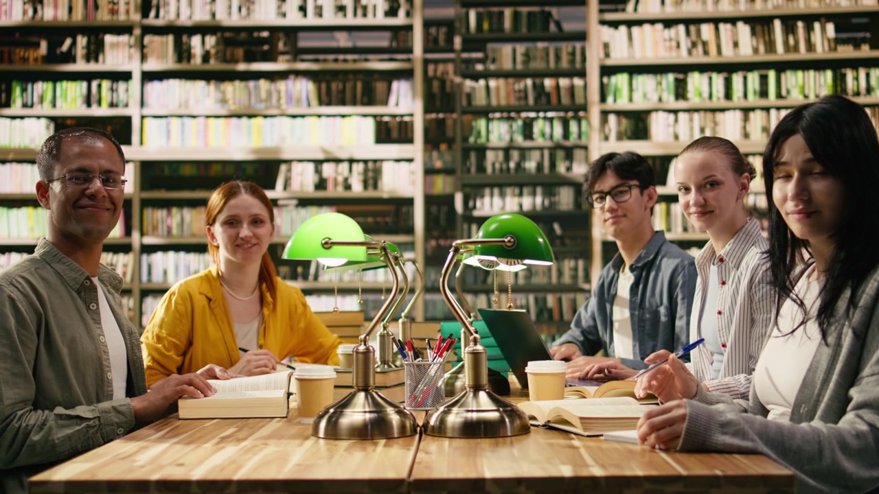 Ritratto di studenti diversi e un tutor che studiano insieme a un tavolo della biblioteca