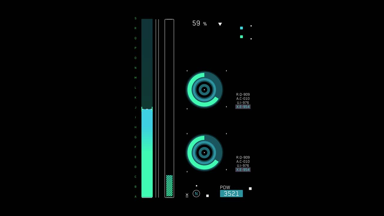 Animated futuristic user interface with loading bars and circular dials processing data. Sci-fi HUD overlay for technology or data analysis concepts
