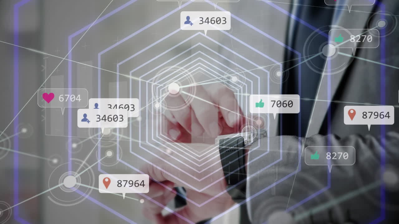 숫자, 연결된 점, 스마트워치를 사용하는 사람의 중간 부분을 가진 알림 아이콘의 애니메이션