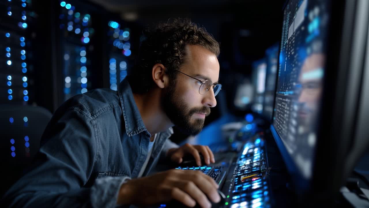 Analista di dati concentrato che monitora sistemi in un ambiente ad alta tecnologia con schermi multipli e rack di server, mostrando l'analisi dei dati e le metriche di cybersicurezza.