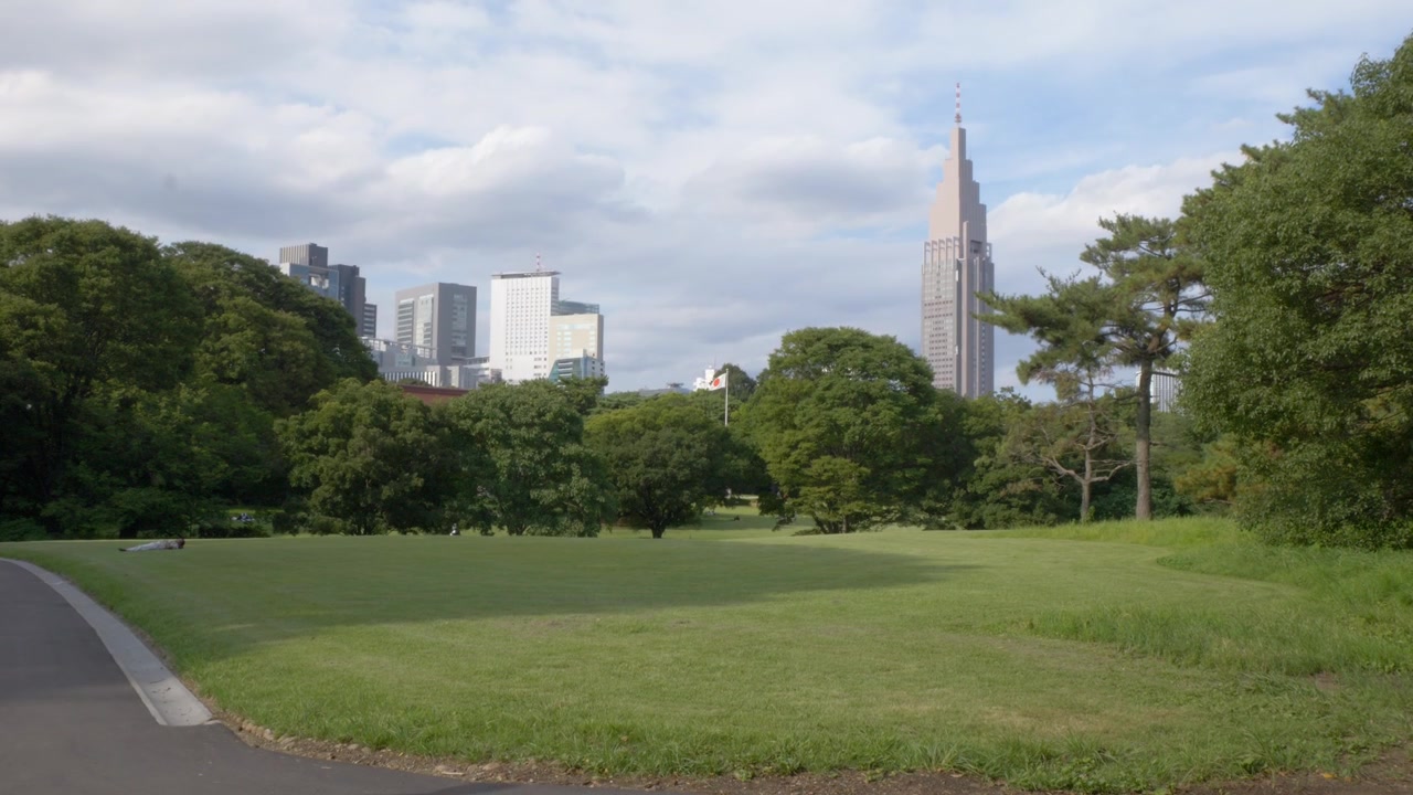 東京、明治神宮御苑から見たNTTドコモ代々木ビル - 広角ショット。