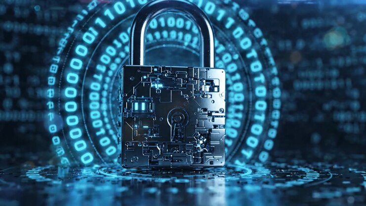 A Futuristic Digital Lock with Binary Code Background Symbolizing Cybersecurity and Data Protection in a Technological World