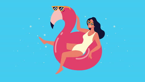 mujer relajándose en animación de flotador flamenco