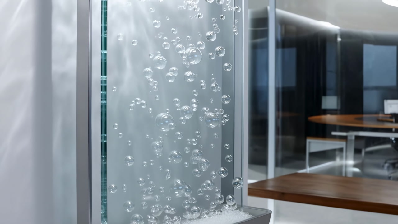 Glass Water Wall Bubbling In Office, Closeup Of Rising Bubbles Inside Transparent Panel With Sleek Desk