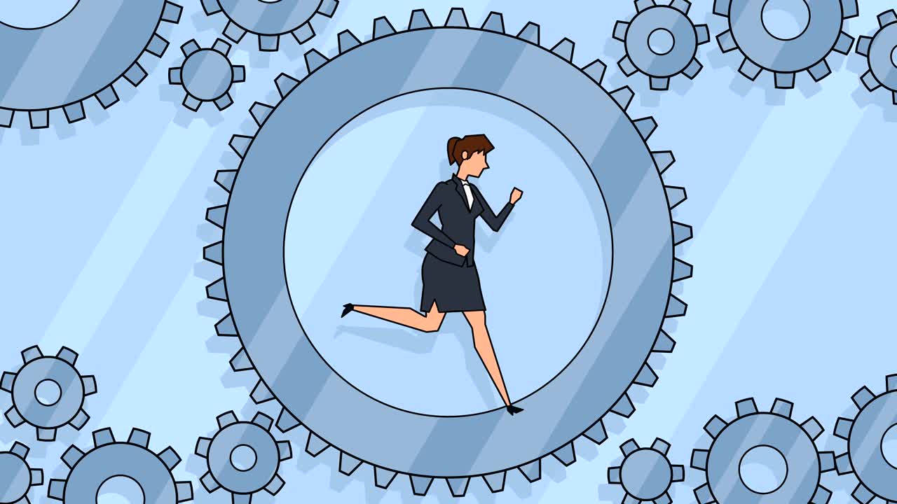 personaje de mujer de negocios de dibujos animados plano corriendo en engranajes giratorios animación