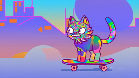psychedelic cat skateboarding through a colorful city