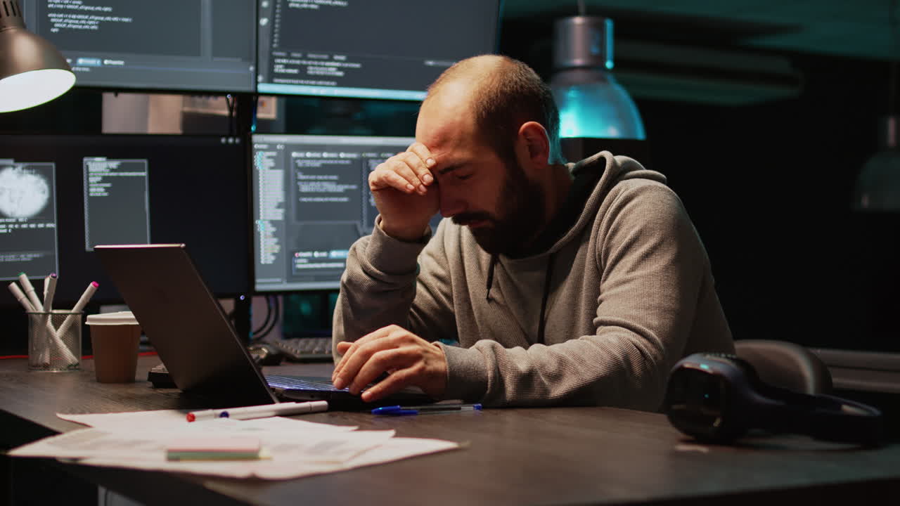 Tired programmer coding on laptop