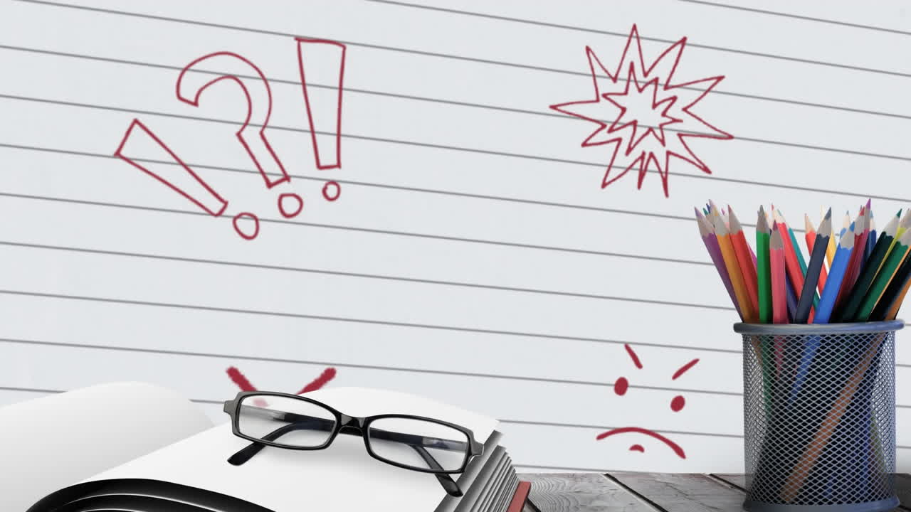 Animation of open book, glasses, pencil stand against page turning effect over abstract symbols