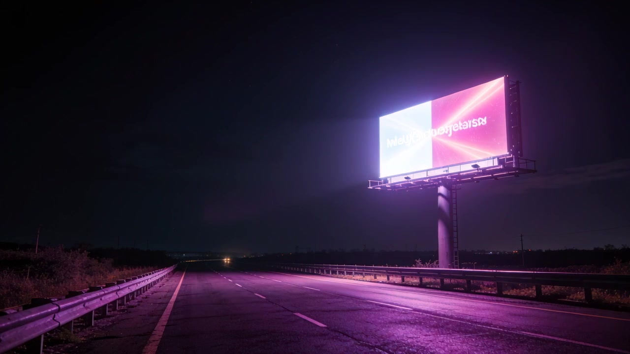 Valla publicitaria LED mostrando colores publicitarios blanco, naranja y azul sobre las barandillas de la carretera, con espacio para texto.
