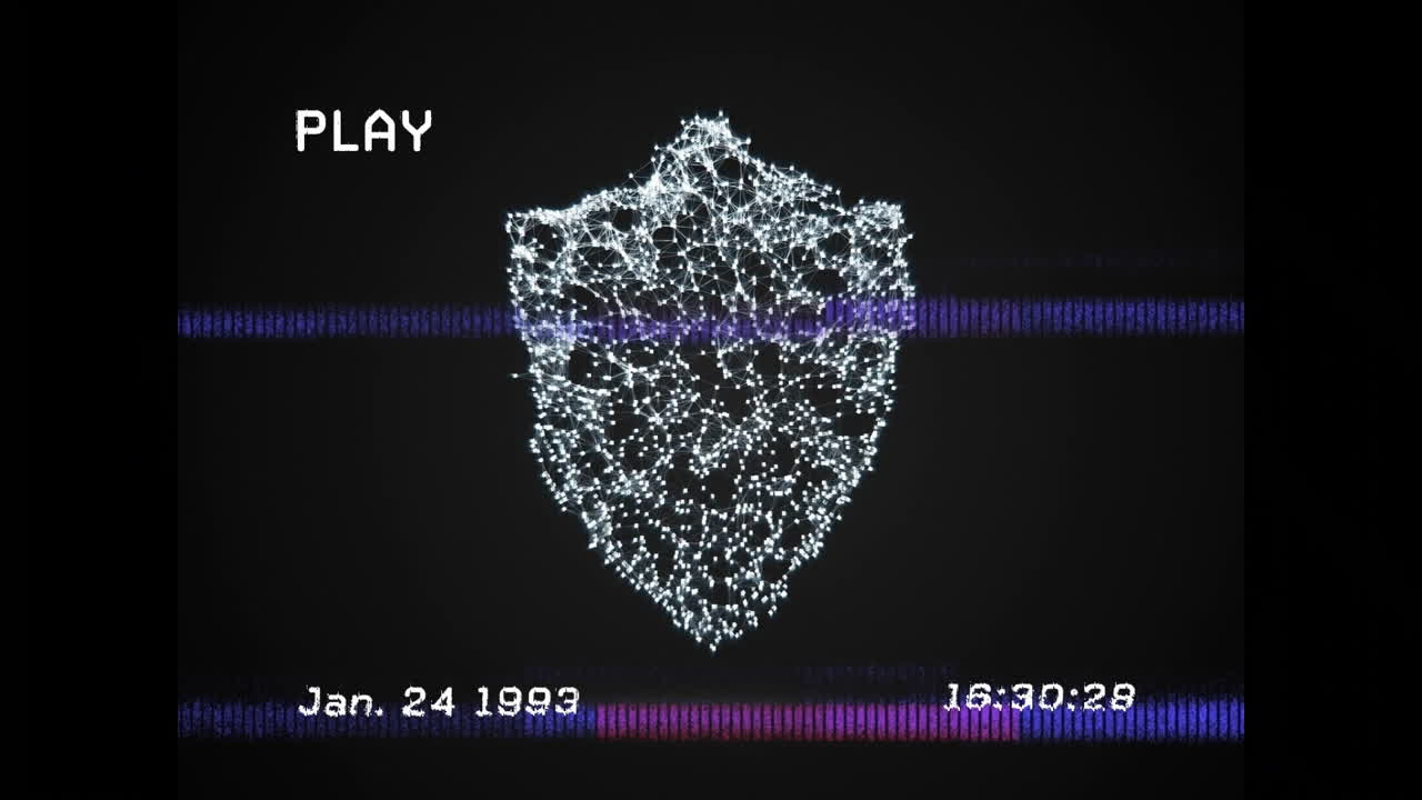 Digital shield with network connections animation over VHS-style video playback screen