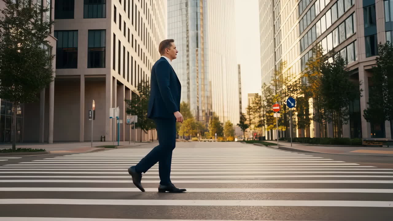 Businessman Walks Across Pedestrian Crossing in Modern City