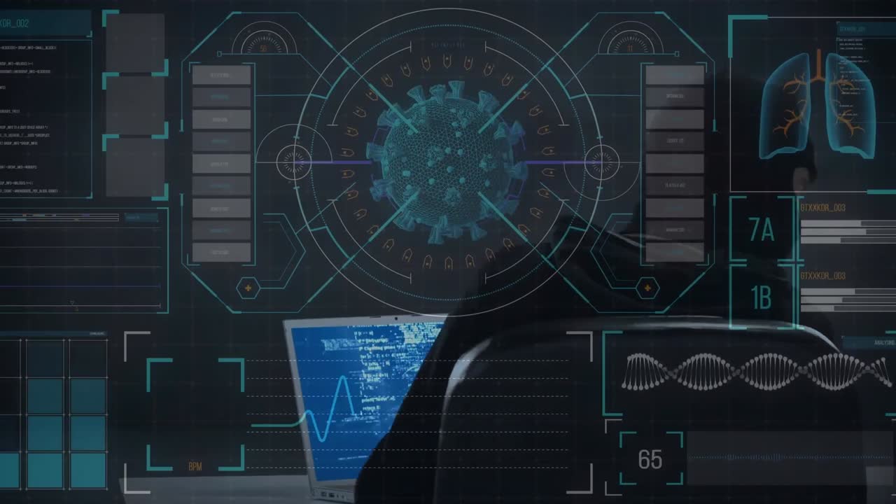 animación del procesamiento de datos sobre un hacker con una computadora portátil