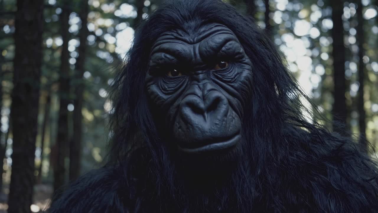 A mysterious creature in a dense forest, captured from a low-angle, evokes a suspenseful, cinematic