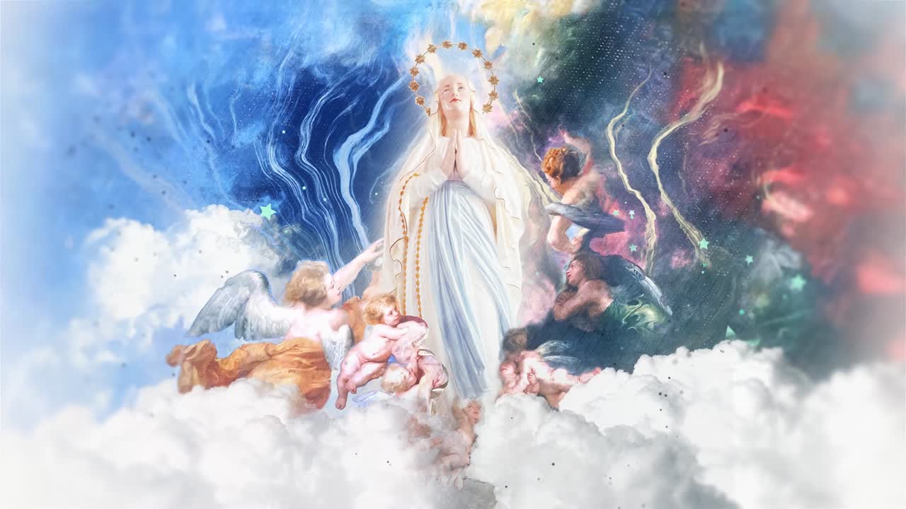 Divine Virgin Mary Praying Surrounded by Angels in Heavenly Clouds