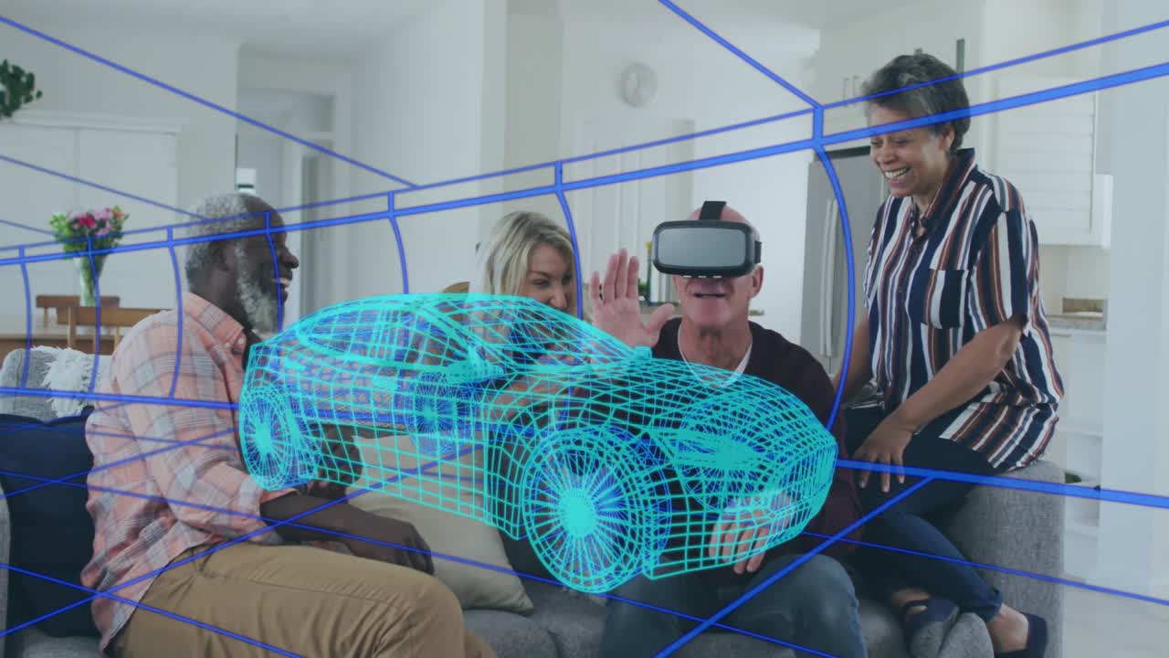 Animation of car over diverse group of seniors using vr headset