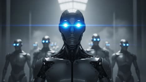 a futuristic assembly of advanced robots with illuminated blue eyes, standing tall in a dimly lit environment, signifying a new era of artificial intelligence and technology
